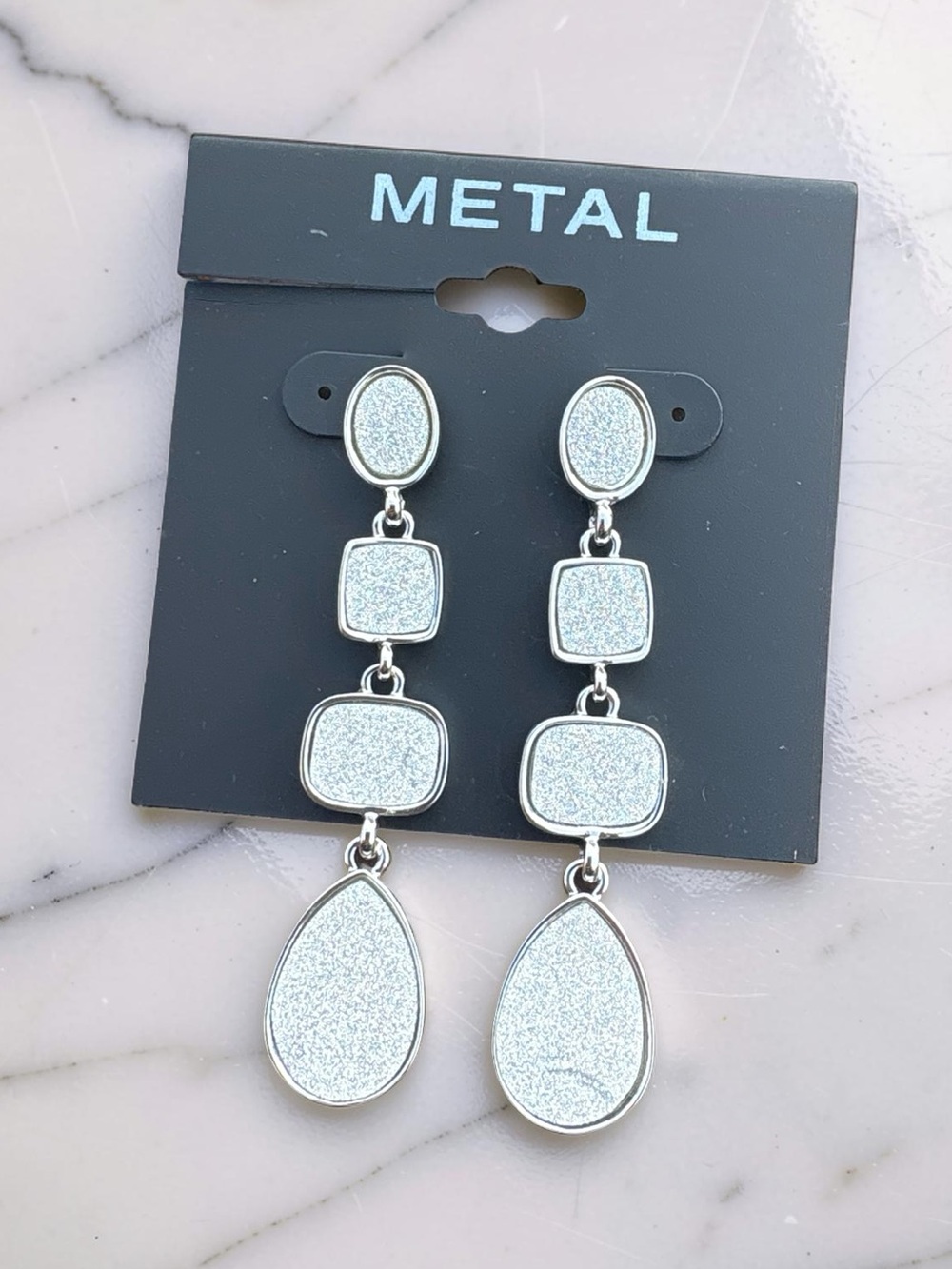 Metal Silver Glitter Drop Dangle Earrings